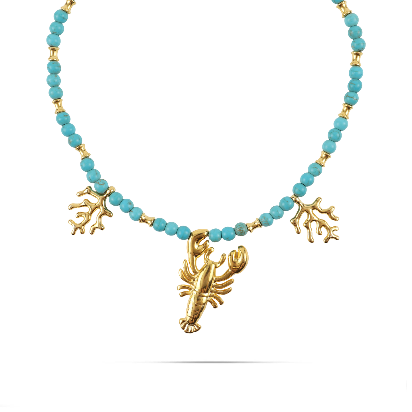 Χειροποίητο κολιέ με αστακό και κοράλια Mar and Mar Lobster Corals με φυσικές ορυκτές πέτρες Χαολίτη από ανοξείδωτο ατσάλι