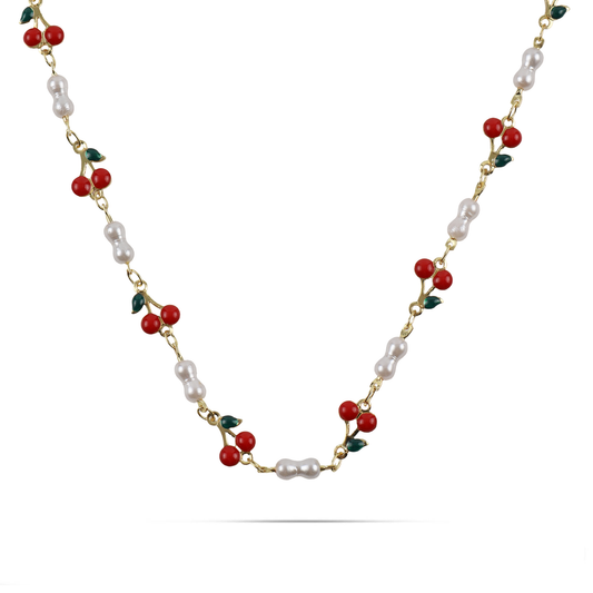 Κολιέ με κερασάκια και πέρλες Mar and Mar Cerise Pearl από ανοξείδωτο ατσάλι