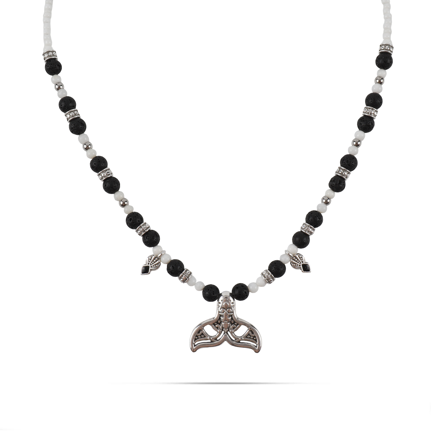 Χειροποίητο κολιέ Mar and Mar Lustrina Black με φυσικές ορυκτές πέτρες Λάβας και φυσικό κοχύλι από ανοξείδωτο ατσάλι