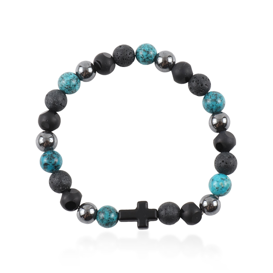 Ανδρικό χειροποίητο βραχιόλι με σταυρό Mar and Mar Brody με φυσικές ορυκτές πέτρες Χαολίτη, Λάβας, Όνυχα και Αιματίτη