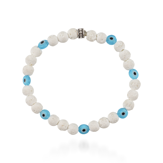 Ανδρικό χειροποίητο βραχιόλι Mar and Mar Sondy Eye με φυσικές ορυκτές πέτρες Ηφαιστειακής Λευκής Λάβας , Αιματίτη και ματάκι Μουράνο