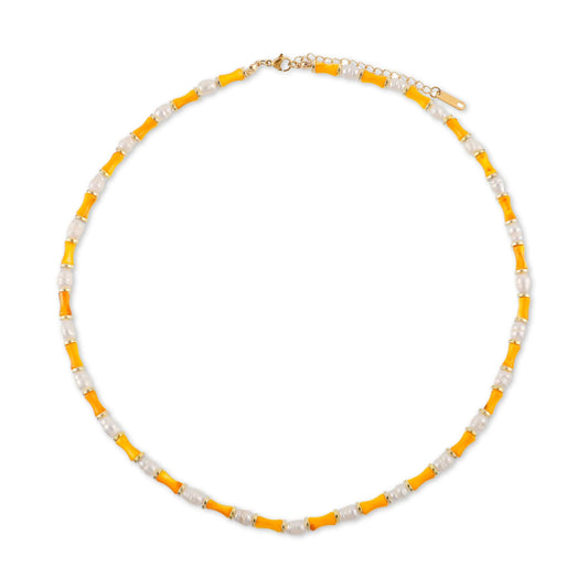 Γυναικείο χειροποίητο κολιέ Mar and Mar Mally (Yellow) με φυσικές ορυκτές χάντρες Μαργαριτάρι Νερού Κοχύλι και Αιματίτη