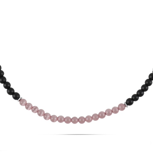Ανδρικό χειροποίητο κολιέ μακραμέ Mar and Mar Shaquille (Pink) με φυσικές ορυκτές πέτρες Μάτι Γάτας Όνυχα και Αιματίτη