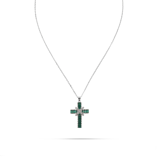 Κολιέ σταυρός με πέτρες ζιργκόν Mar and Mar Faith Cross Silver (Green) από ανοξείδωτο ατσάλι