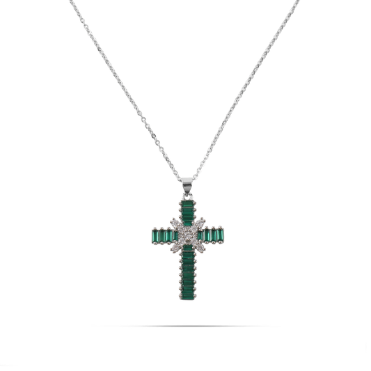 Κολιέ σταυρός με πέτρες ζιργκόν Mar and Mar Faith Cross Silver (Green) από ανοξείδωτο ατσάλι