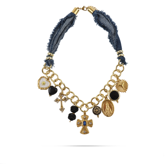 Κολιέ με charms και αλυσίδα με denim ύφασμα Mar and Mar Reliquia