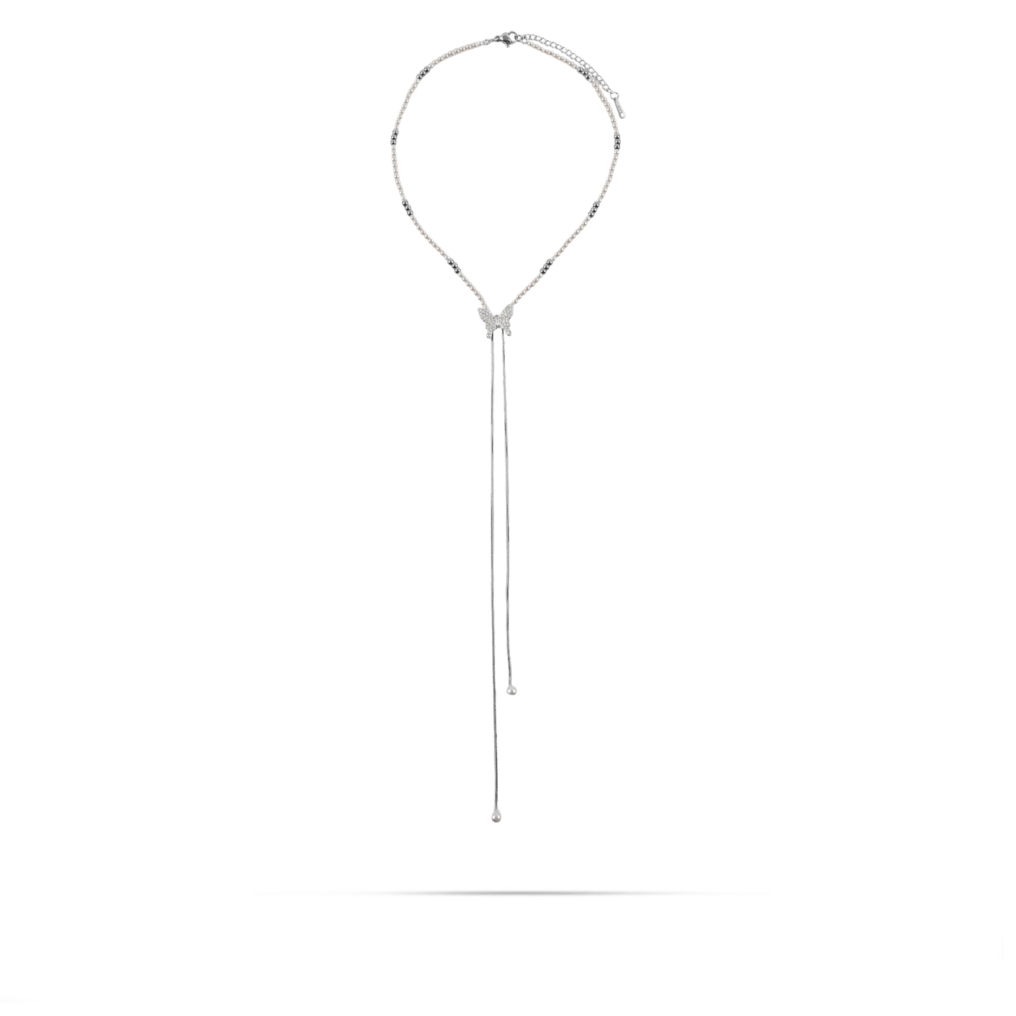 Κολιέ με πέρλες και πεταλούδα Mar and Mar Papillon Tie (Silver) από ανοξείδωτο ατσάλι