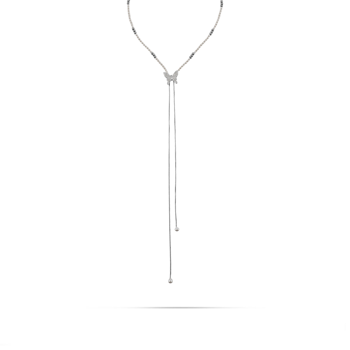 Κολιέ με πέρλες και πεταλούδα Mar and Mar Papillon Tie (Silver) από ανοξείδωτο ατσάλι