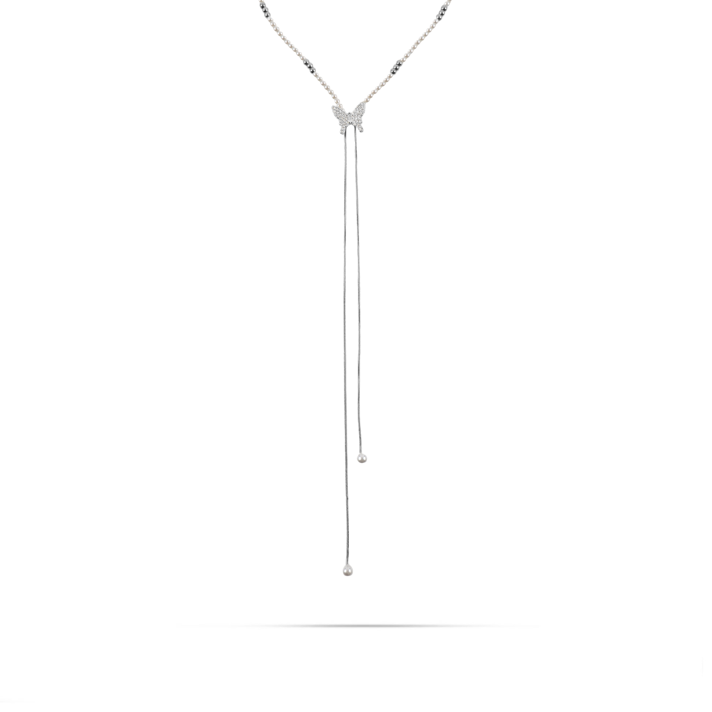 Κολιέ με πέρλες και πεταλούδα Mar and Mar Papillon Tie (Silver) από ανοξείδωτο ατσάλι