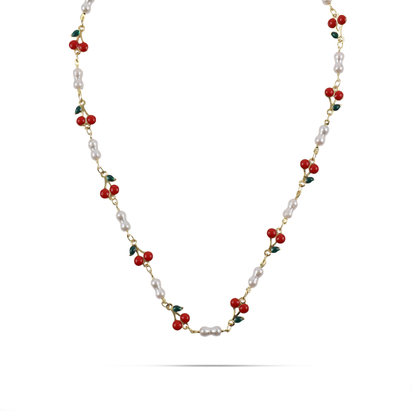 Κολιέ με κερασάκια και πέρλες Mar and Mar Cerise Pearl από ανοξείδωτο ατσάλι