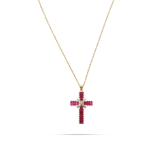 Κολιέ σταυρός με πέτρες ζιργκόν Mar and Mar Faith Cross (Magenta) από ανοξείδωτο ατσάλι