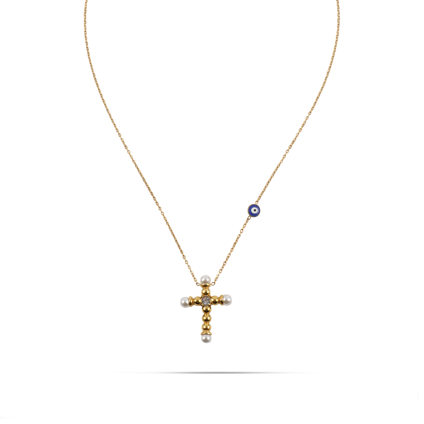 Κολιέ σταυρός με ματάκι και πέρλες Mar and Mar Anevyx από ανοξείδωτο ατσάλι